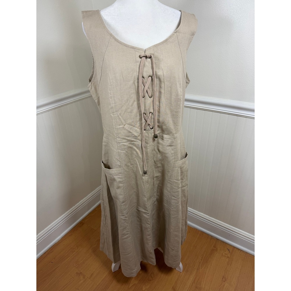 Chadwicks of Boston Maxi Dress Womens 14T Beige Linen Blend Lace Up Pockets